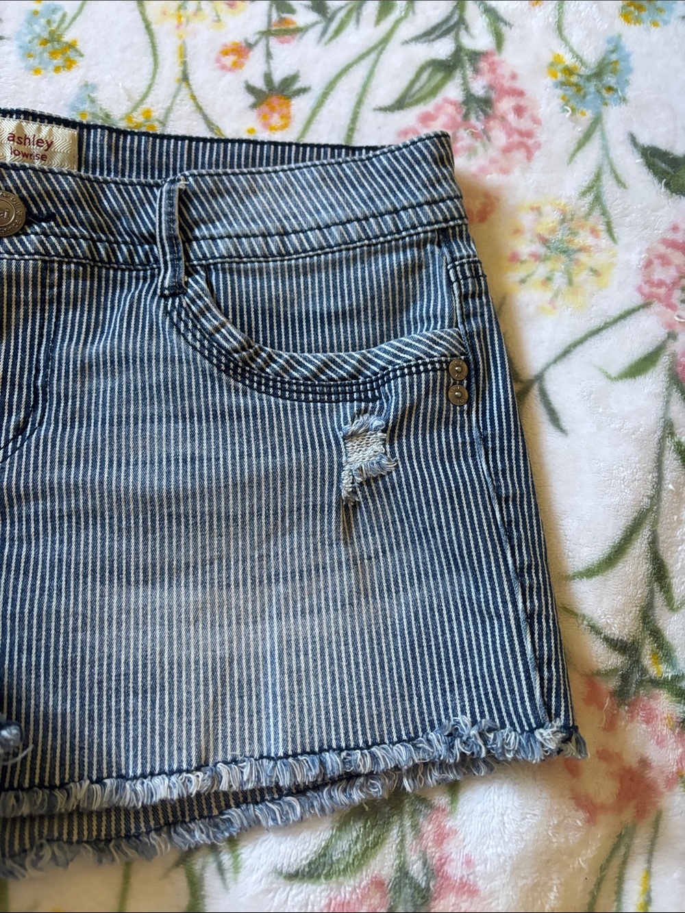 lei Striped Denim Cutoff Shorts in Blue - Picture 3 of 4